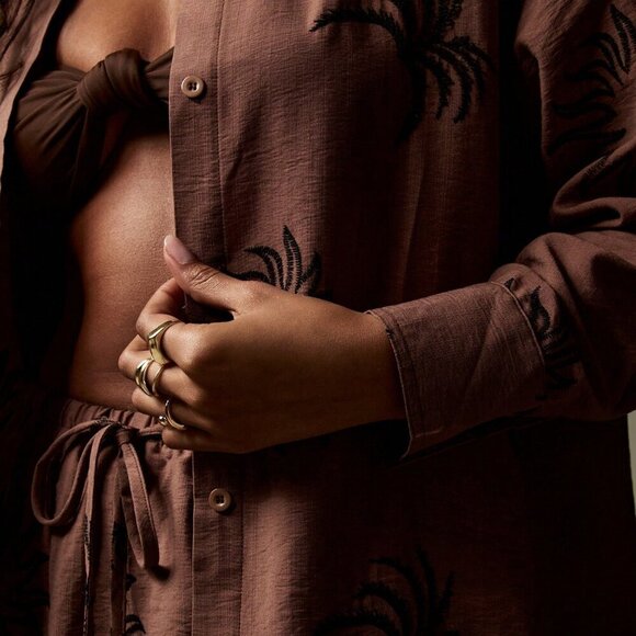 Coffee Brown Casual Women's Resort Embroidered beachy Design Two-Piece - Picture 6 of 8